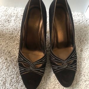 L.K. Bennett brown suede heels with stitch and bronze detailing
